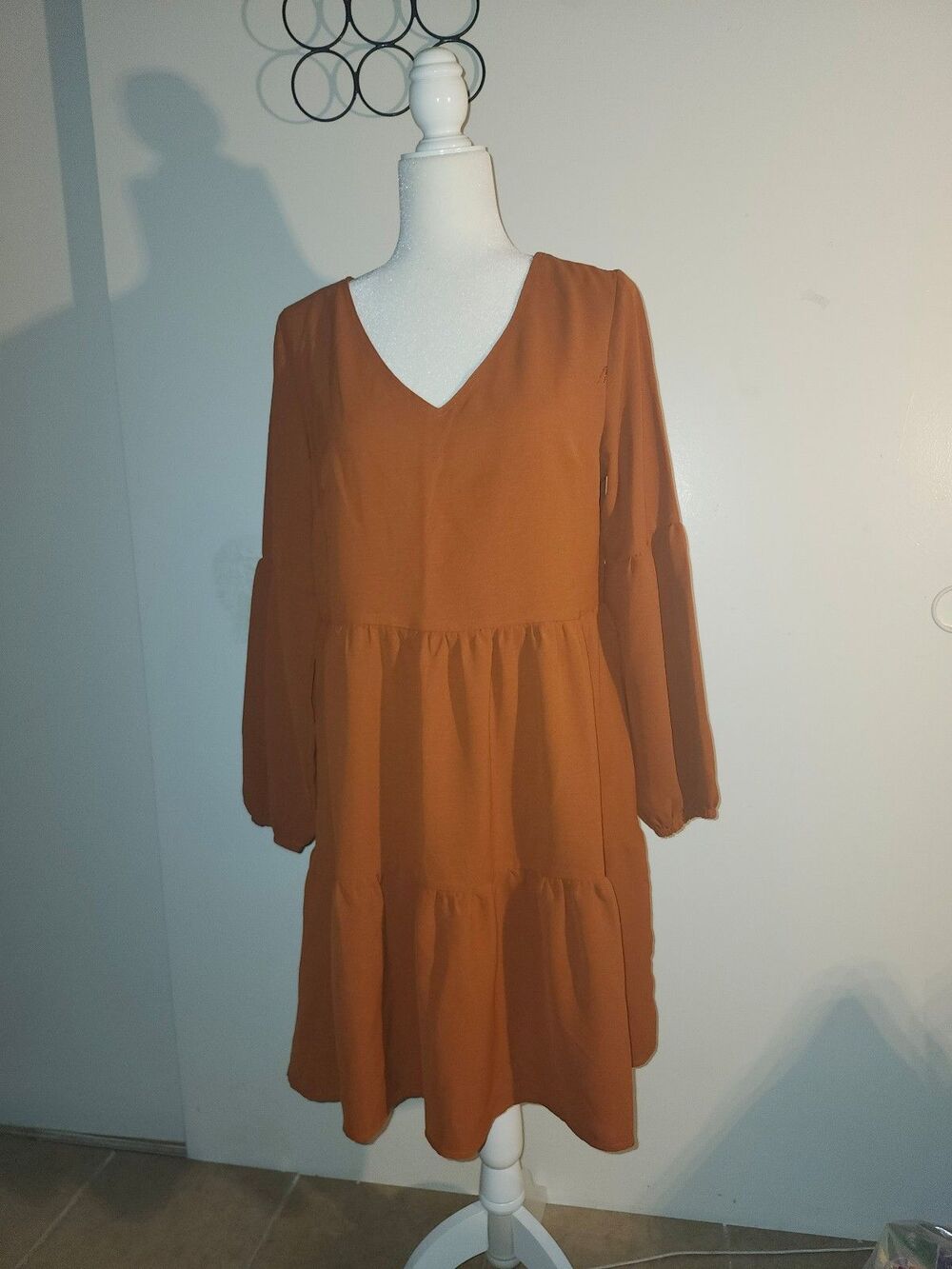 Tiered V Neck Casual Puffy Sleeves Rust Color Dress S